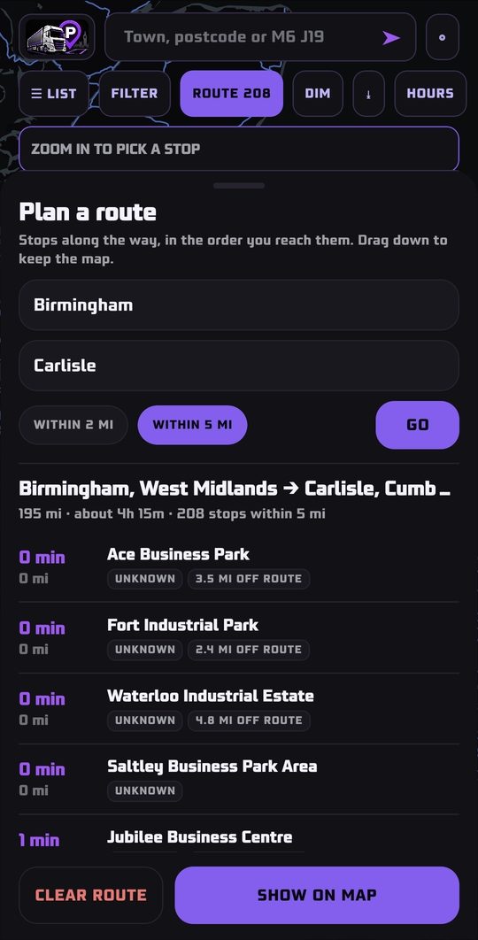 Stops along the route